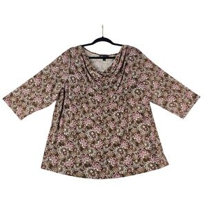 I.N. Studio Cowl Neck Blouse Women 2X Brown Pink Floral 3/4 Sleeve Stretch Top